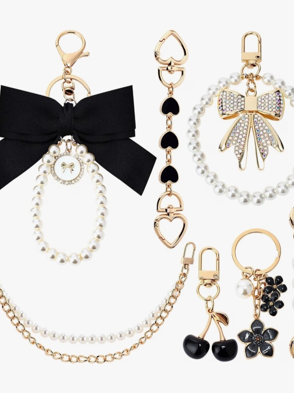 Pearl & Black Bow Charm Purse Charms/Keychain Set - Women Accessories